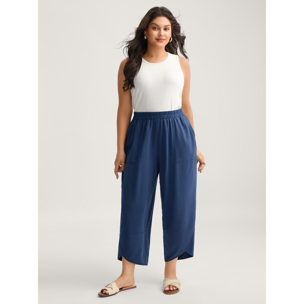 Plus Size Stretchy Waist Asymmetrical Hem Straight-Leg Pants Women Indigo Casual Straight Leg Mid Rise Everyday-Casual Pants BloomChic 14-16/1X Product Image