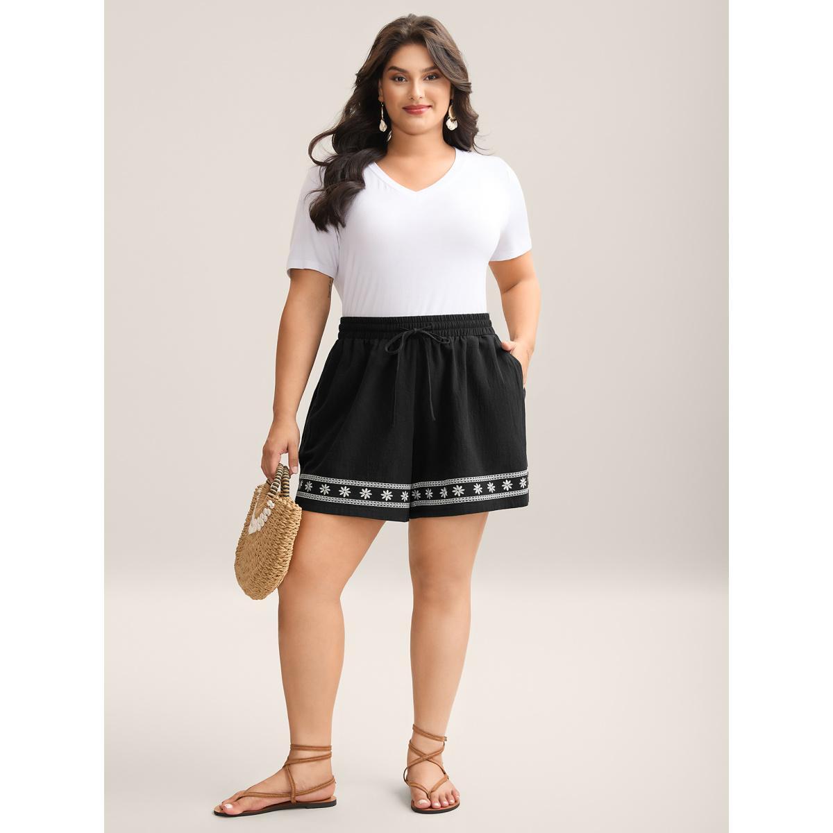 Plus Size Cotton Embroidery Waist-Tie Straight-Fit Shorts Women Black Beach Embroidered Vacation Shorts BloomChic 10/M Product Image