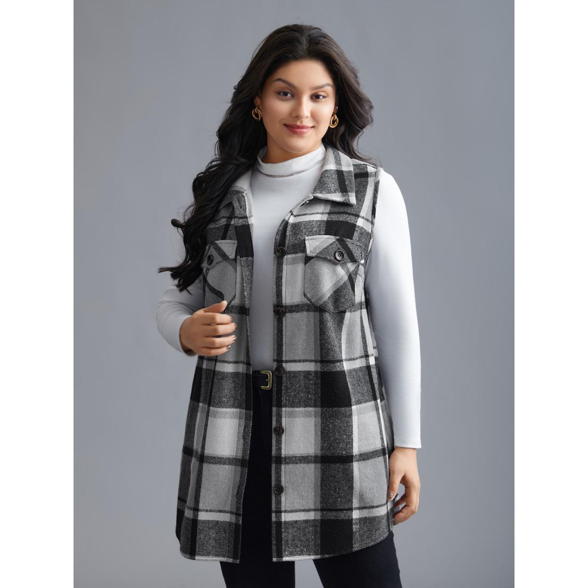 Plus Size Plaid Flap Detail Sleeveless Jacket Women Black Button Side seam pocket Everyday Jackets BloomChic 12/L Product Image