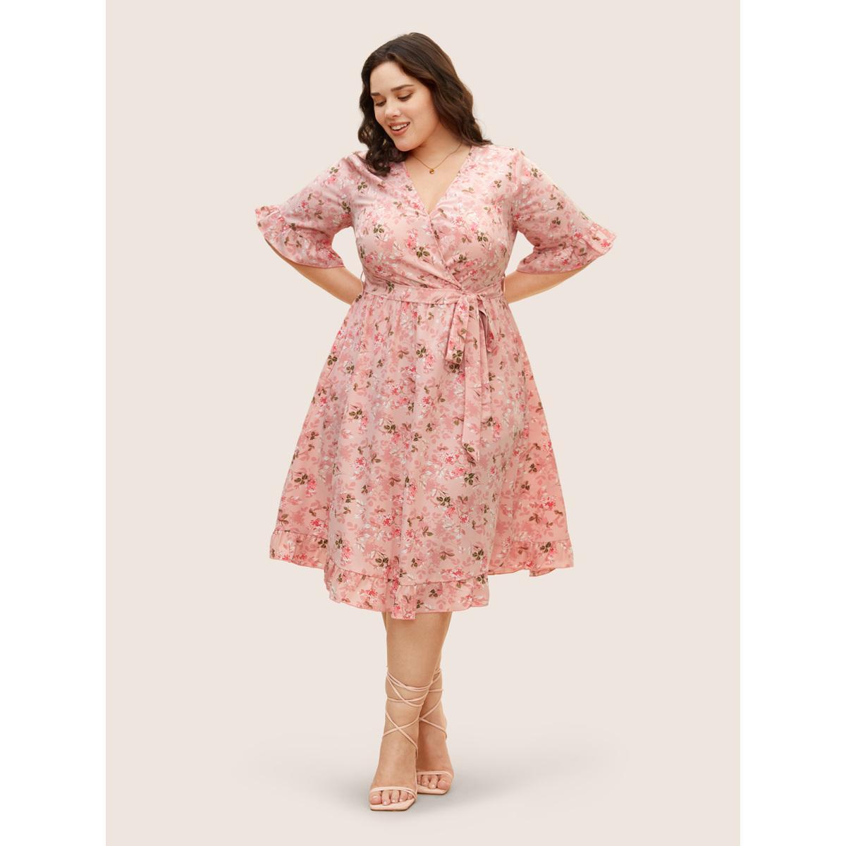Plus Size Floral Overlap Collar Belted Ruffles Dress Lightpink Women Elegant Belted Overlap Collar Half Sleeve Curvy BloomChic 28/5X Product Image