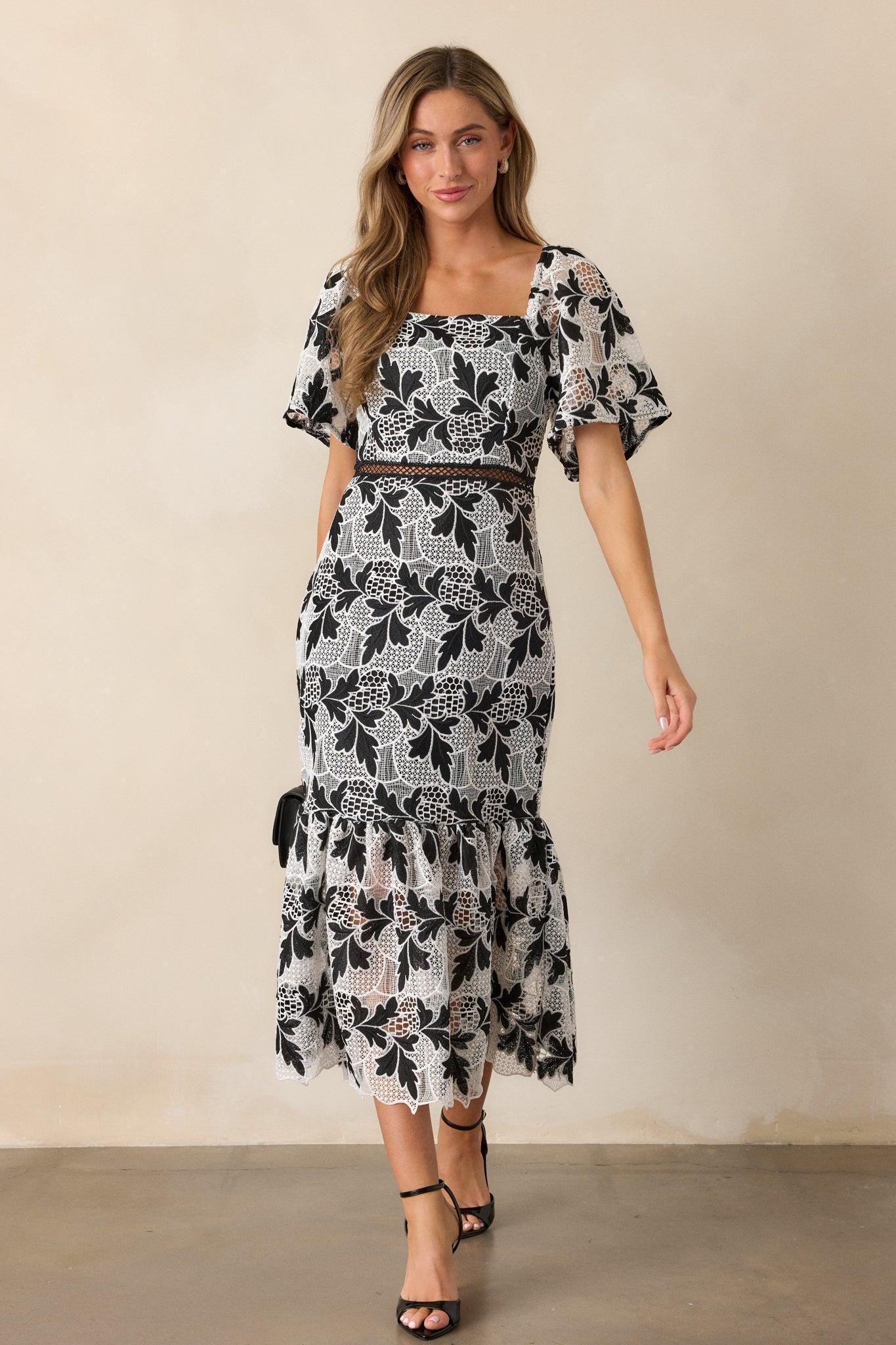 In This Moment Black & White Embroidered Midi Dress Product Image