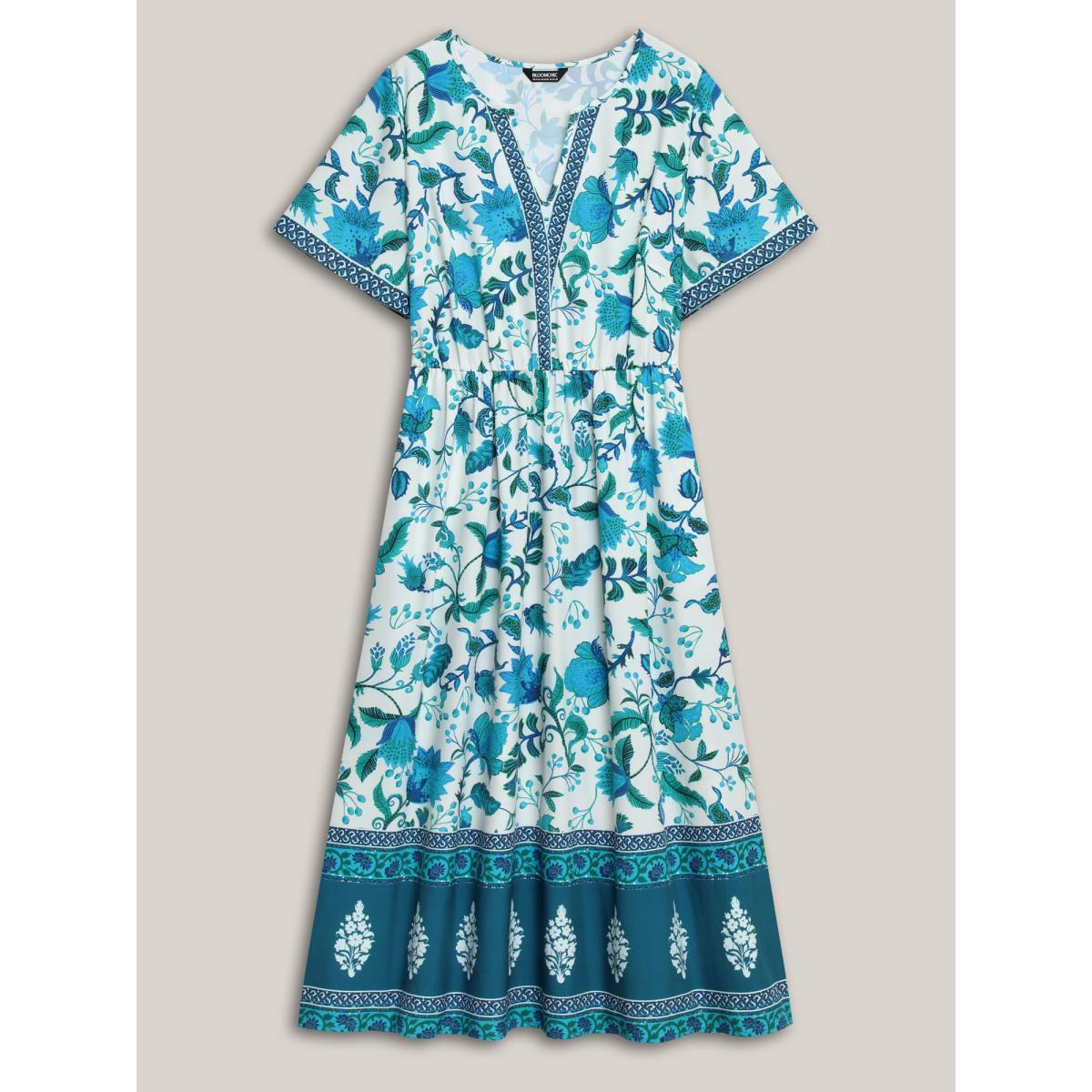 Plus Size Boho Print Notched Collar Midi Dress Teal Women Resort Non Flat collar with V-notch Short sleeve Curvy BloomChic 18-20/2X Product Image