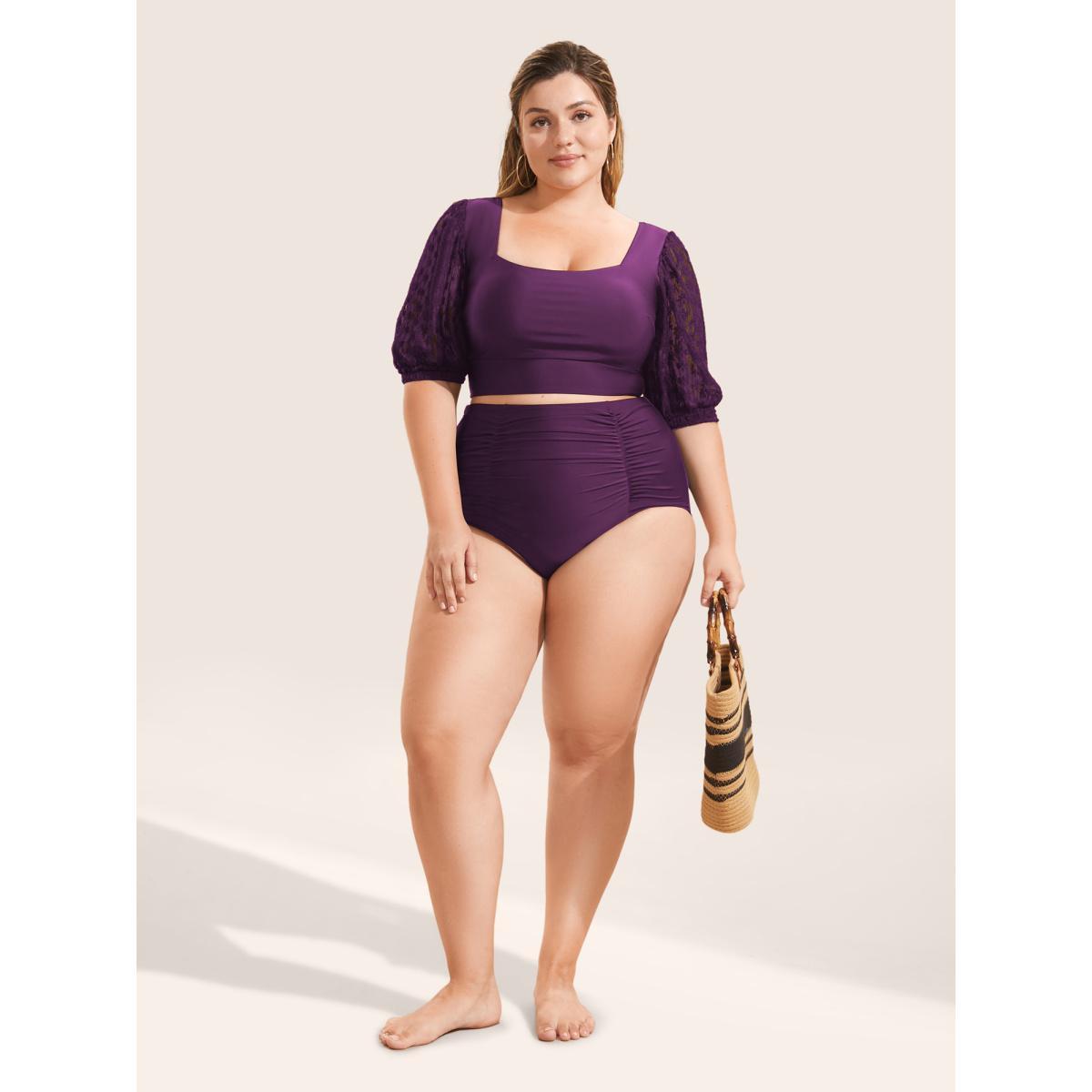 Plus Size Square Neck Patchwork See Through Swim Top Women's Swimwear Deeppurple Beach See through High stretch Skinny Square Neck Curve Swim Tops BloomChic 14-16/1X Product Image