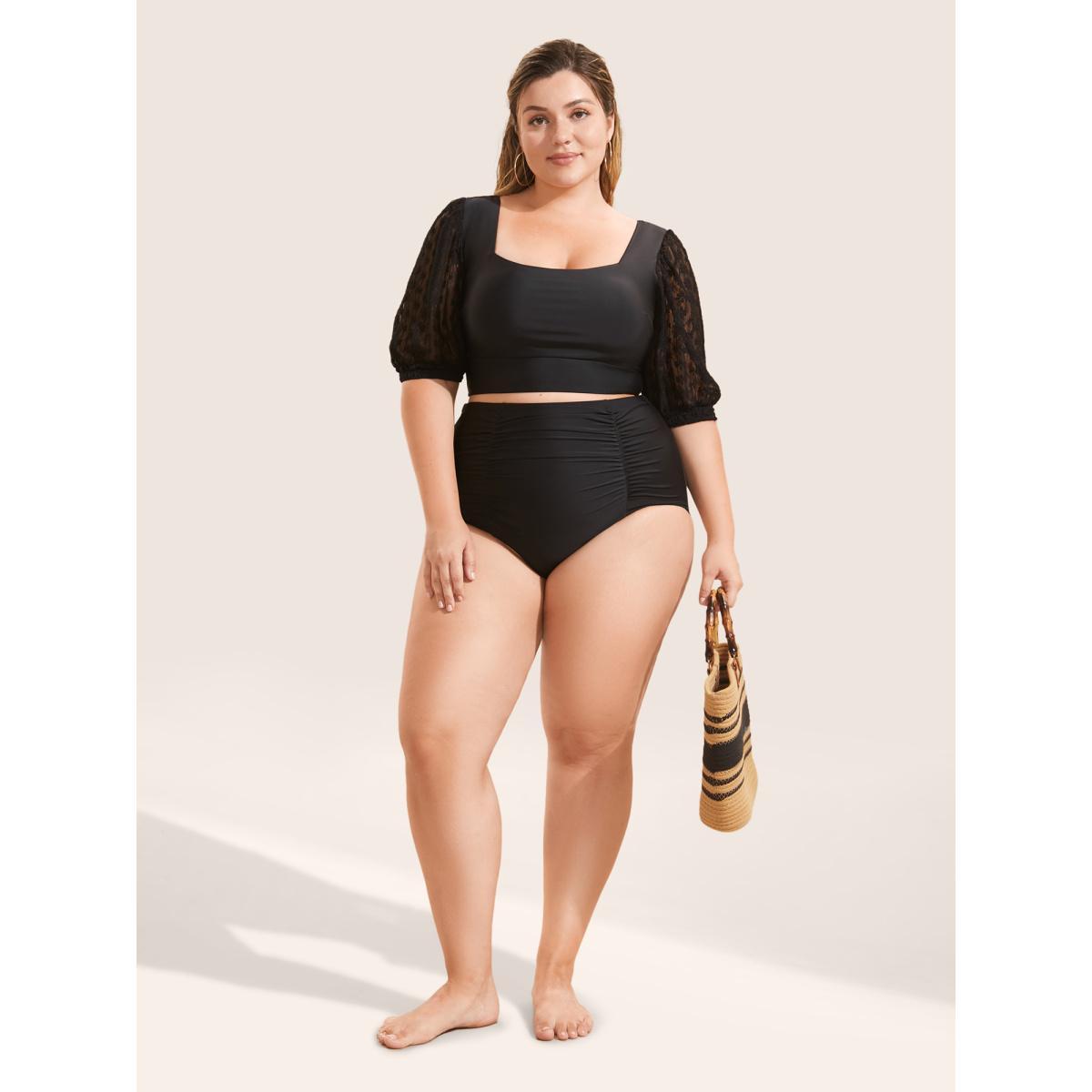 Plus Size Square Neck Patchwork See Through Swim Top Women's Swimwear Indigo Beach See through High stretch Skinny Square Neck Curve Swim Tops BloomChic 26/4X Product Image