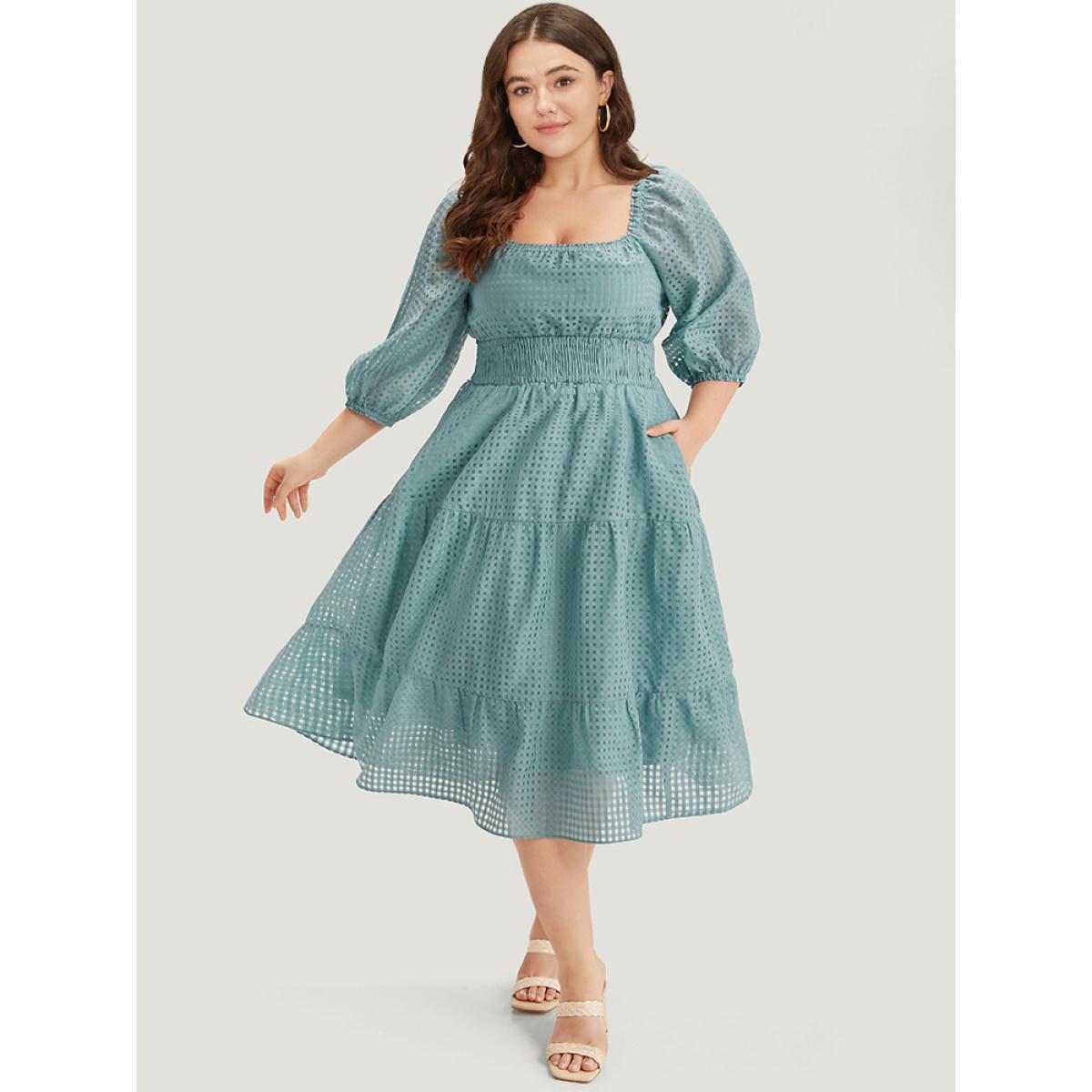 Plus Size Plain Gathered Texture Shirred Pocket Lantern Sleeve Dress Cerulean Women Elegant Elastic cuffs Square Neck Elbow-length sleeve Curvy Midi Dress BloomChic 12/L Product Image