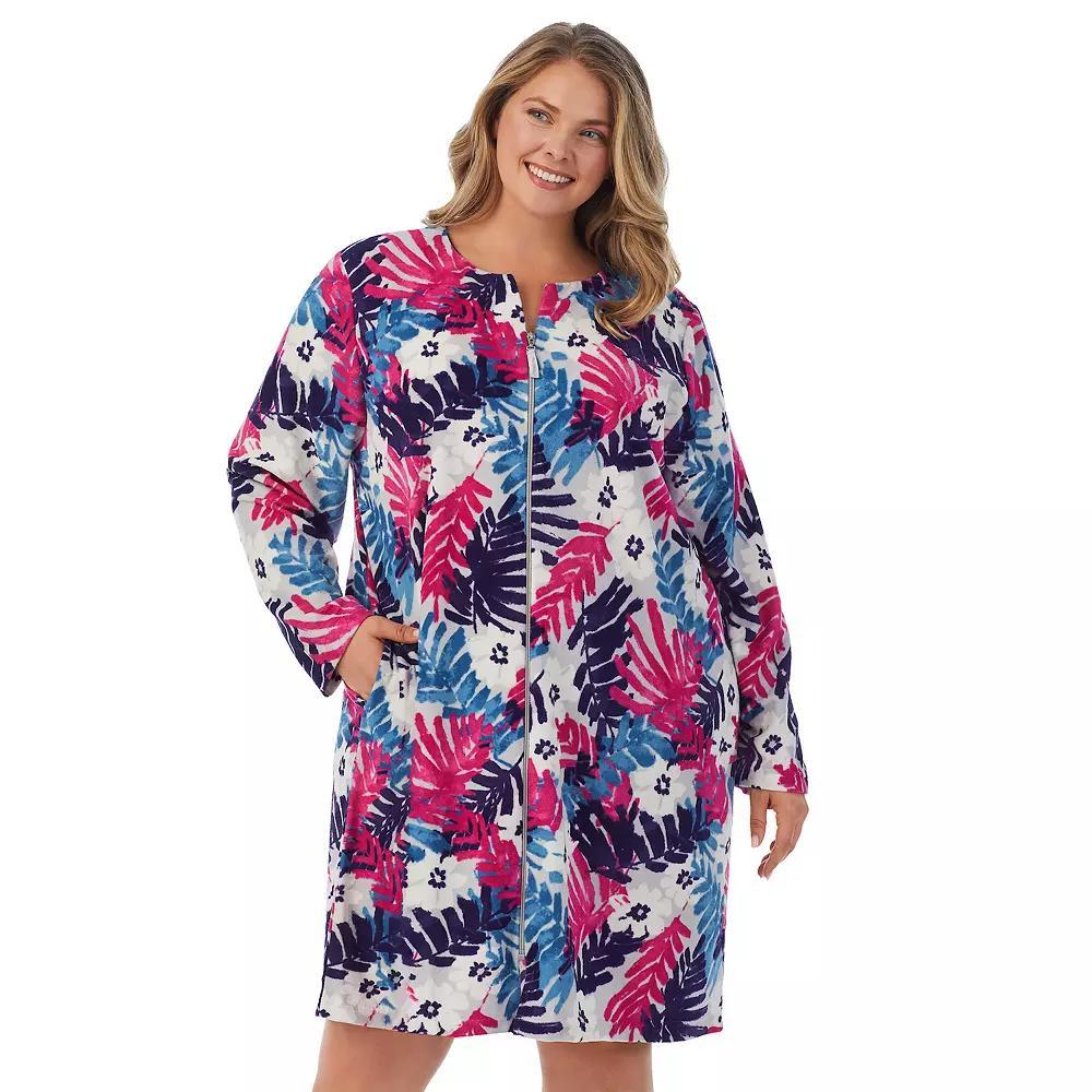 Plus Size Stan Herman Floral Vintage Terry Zip-Front Robe, Women's, Size: 2XL, Gray Palm Product Image