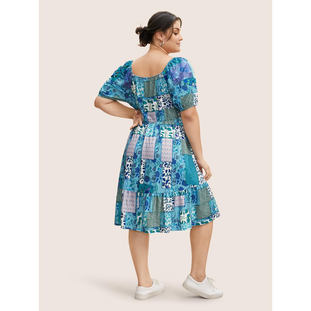 Plus Size Patchwork Boho Print Raglan Sleeve Midi Dress Cerulean Women Casual V-neck Short sleeve Curvy BloomChic 18-20/2X Product Image