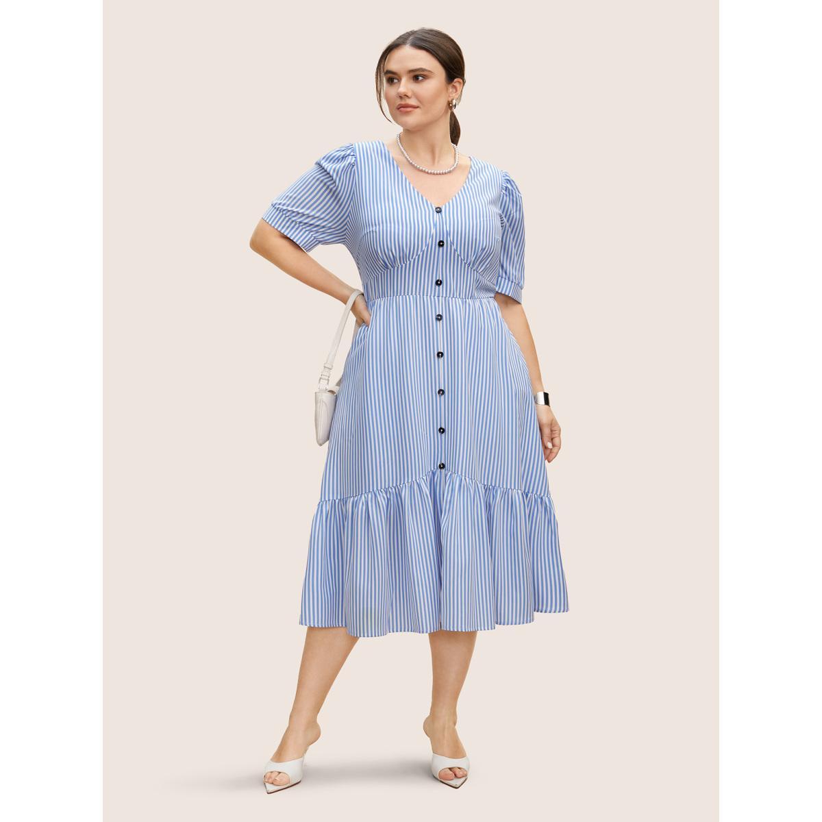 Plus Size Striped Puff Sleeve Button Detail Midi Dress Skyblue Women At the Office Gathered V-neck Short sleeve Curvy BloomChic 26/4X Product Image