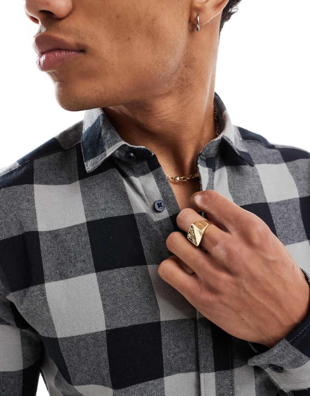 Only & Sons buffalo check shirt in gray and black Product Image