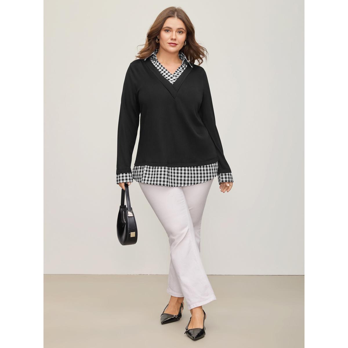 Plus Size Gingham Patchwork Shirt Collar Arc Hem Sweatshirt Women Black Casual Patchwork V-neck Everyday Sweatshirts BloomChic 10/M Product Image