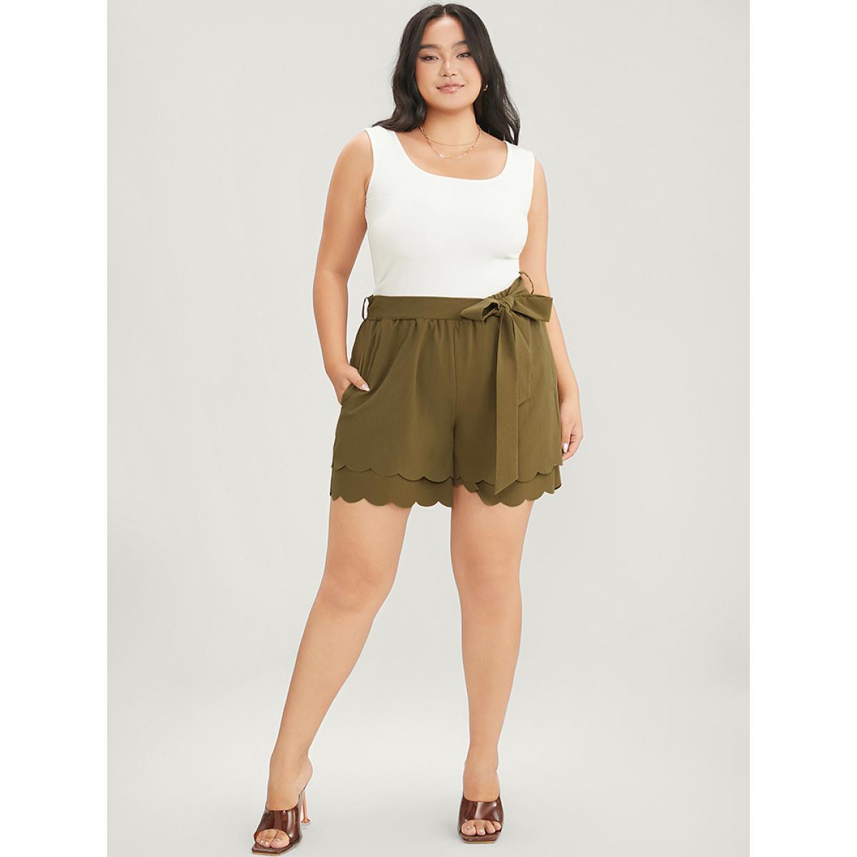 Plus Size Solid Belted Pocket Scalloped Trim Tiered Shorts Women ArmyGreen Casual Dailywear Shorts BloomChic 14-16/1X Product Image