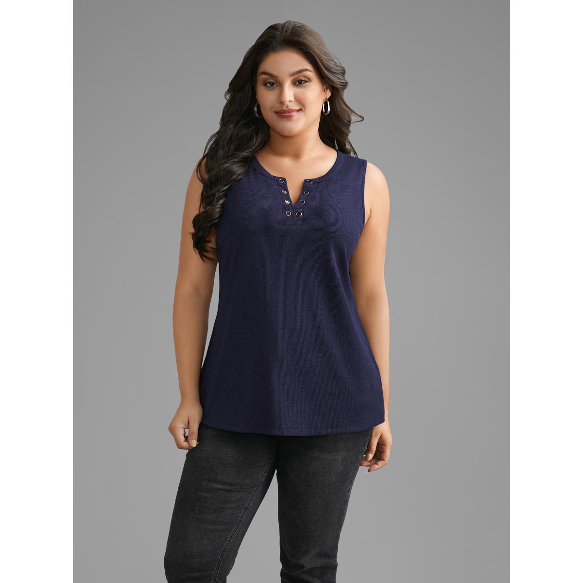 Plus Size Notched Collar Eyelet Tank Top Women Indigo Casual Eyelet Notched collar Everyday Tank Tops Camis BloomChic 28/5X Product Image