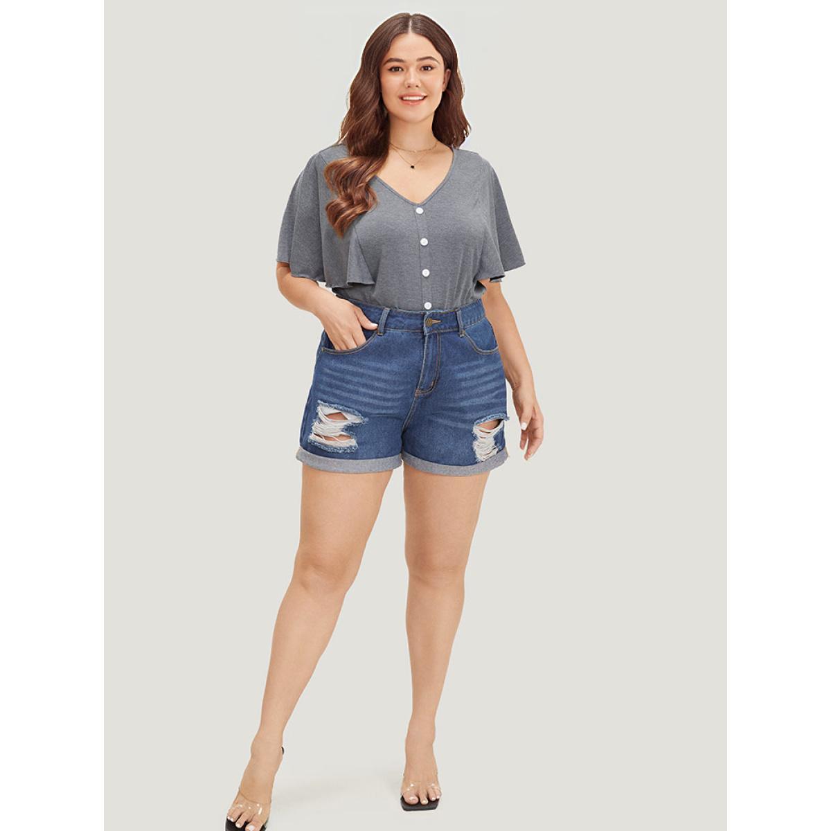 Plus Size Plain Button Detail Flutter Sleeve Bodysuit Women DimGray Plain Elastic Waist Bodysuits BloomChic 28/5X Product Image