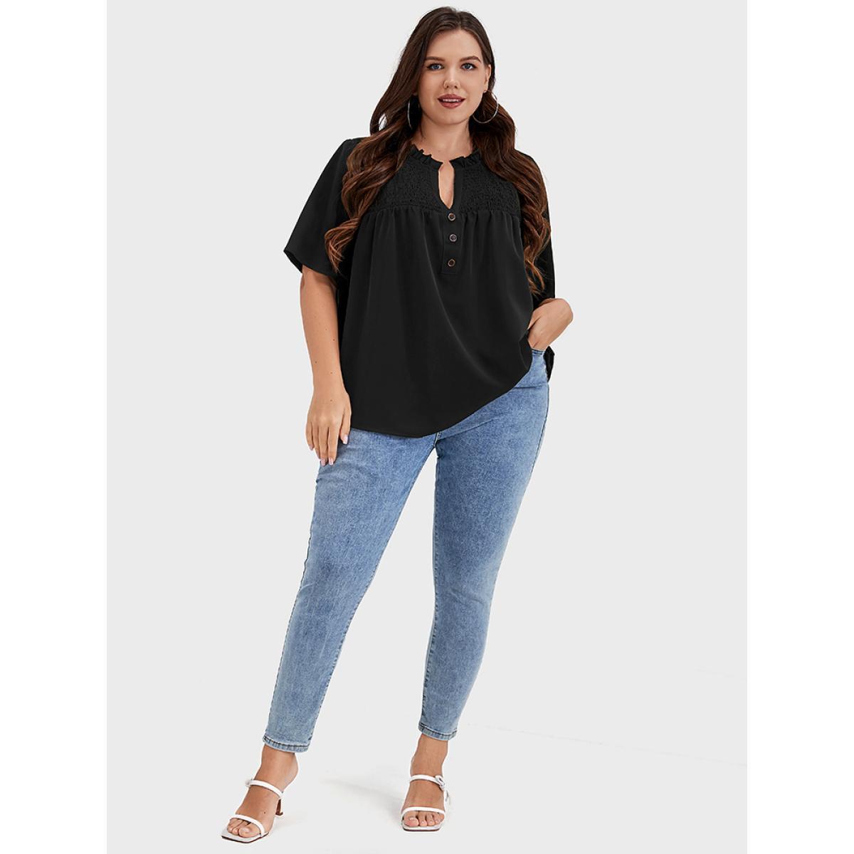 Plus Size Black Solid Shirred Frill Trim Button Notched Neck Blouse Women Elegant Short sleeve Dailywear Blouses BloomChic 12/L Product Image