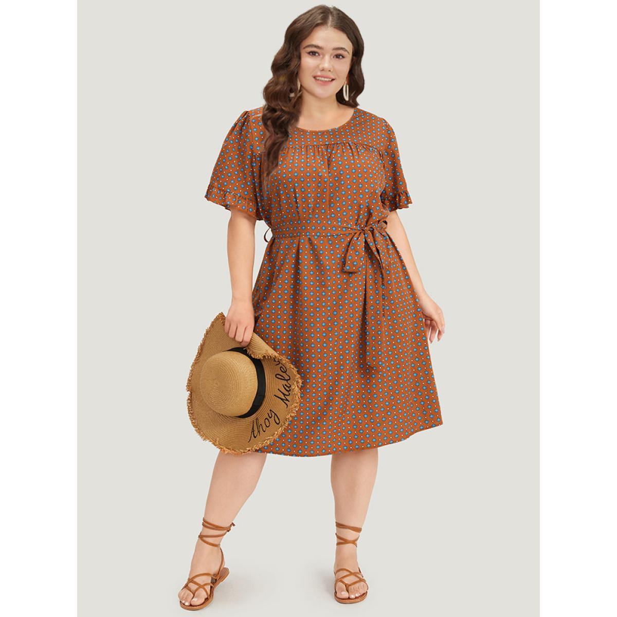 Plus Size Bandana Print Flutter Trim Pocket Belted Dress Chocolate Women Vacation Belted Round Neck Short sleeve Curvy Midi Dress BloomChic 28/5X Product Image