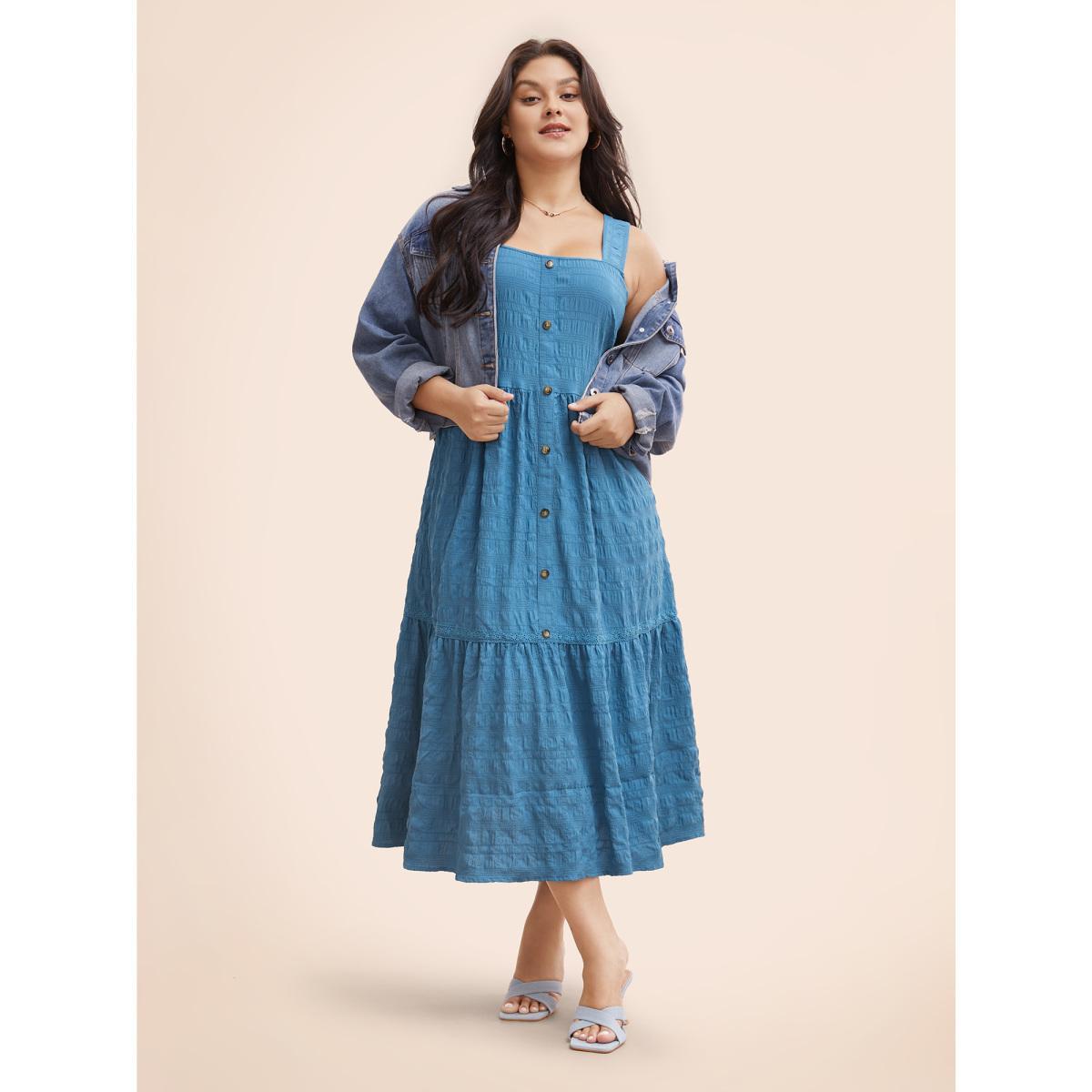 Plus Size Textured Button Detail Ruffle Layered Hem Dress Mediumblue Women Elegant Woven ribbon&lace trim Square Neck Sleeveless Curvy BloomChic 30/6X Product Image