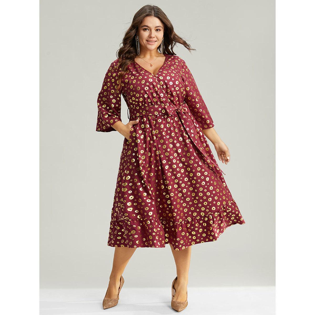 Plus Size Colorblock Glitter Bowknot Belted Pocket Dress Scarlet Women Party Wrap Overlap Collar Elbow-length sleeve Curvy Midi Dress BloomChic 22-24/3X Product Image