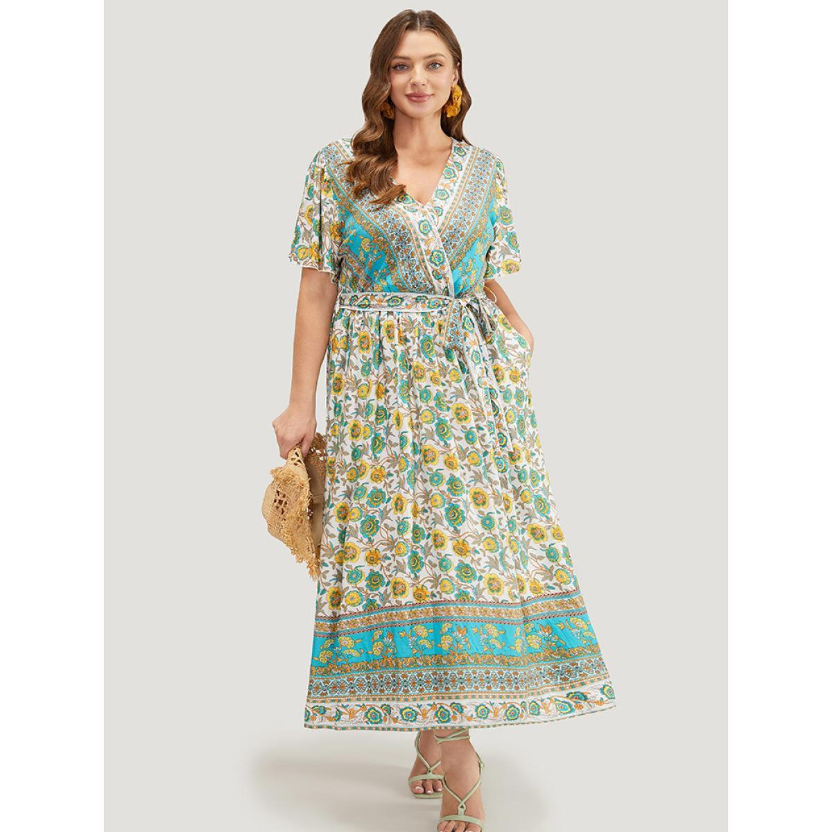 Plus Size Bandana Pocket Belted Surplice Neck Gathered Ruffle Sleeve Dress Multicolor Women Vacation Belted V-neck Short sleeve Curvy Midi Dress BloomChic 14-16/1X Product Image