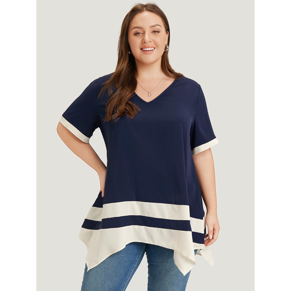 Plus Size Midnight Anti-Wrinkle Two Tone Hanky Hem Blouse Women Office Short sleeve V-neck Work Blouses BloomChic 10/M Product Image