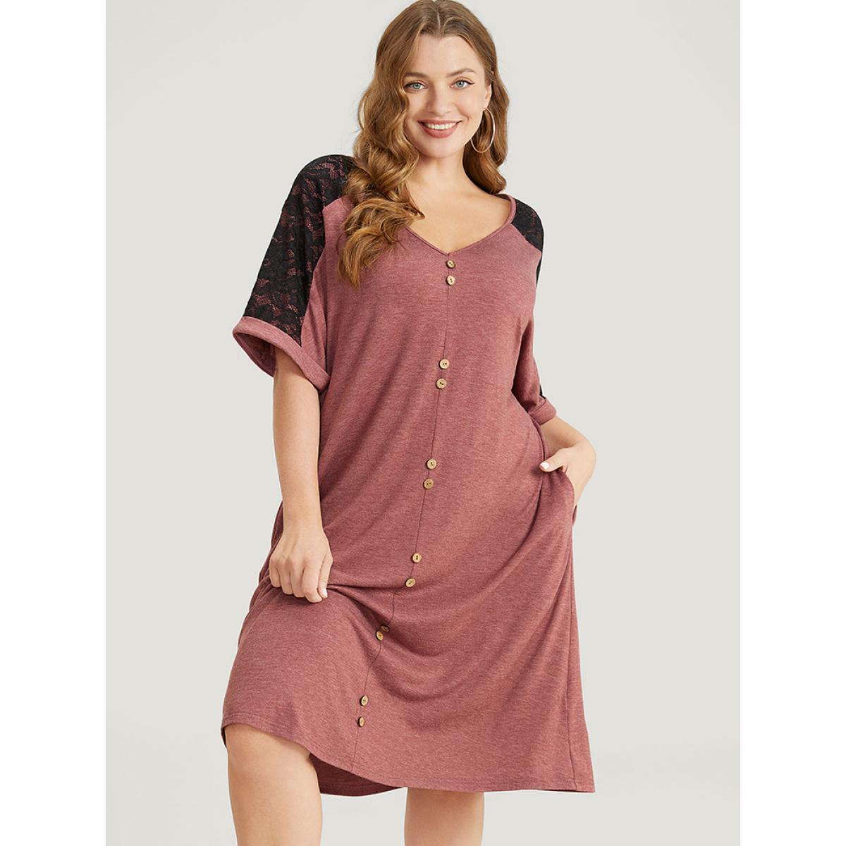 Plus Size Plain Lace Patchwork Button Detail Pocket Dress DustyPink Women Casual Patchwork V-neck Short sleeve Curvy Knee Dress BloomChic 30/6X Product Image
