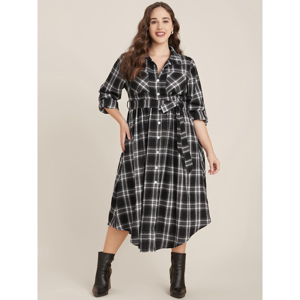 Plus Size Plaid Pocket Button Cuffed Sleeve Belted Arc Hem Dress Black Women Office Belted Shirt collar Long Sleeve Curvy Midi Dress BloomChic 26/4X Product Image