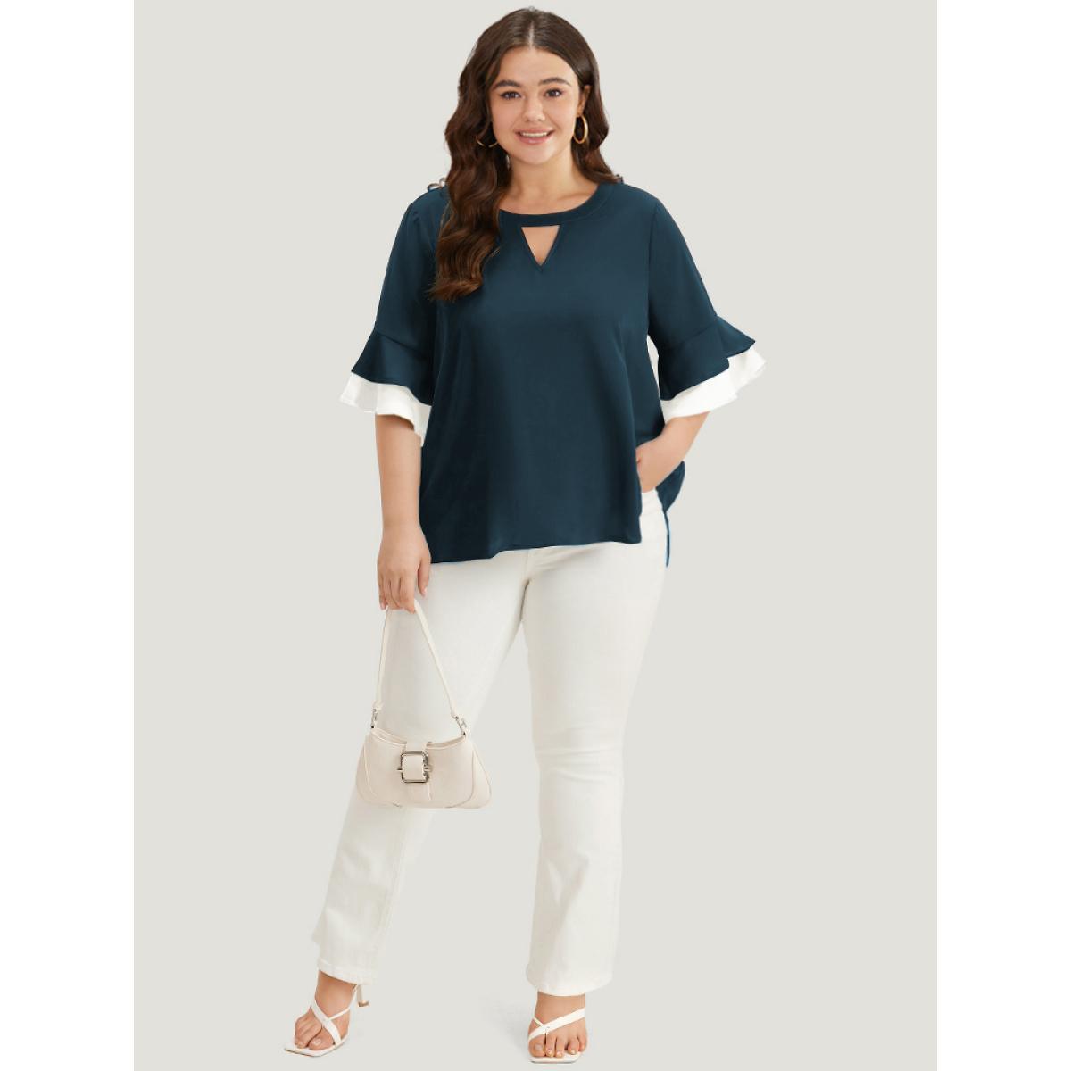 Plus Size Cyan Anti-Wrinkle Plain Keyhole Ruffle Layered Sleeve Blouse Women Office Half Sleeve Round Neck Work Blouses BloomChic 18-20/2X Product Image