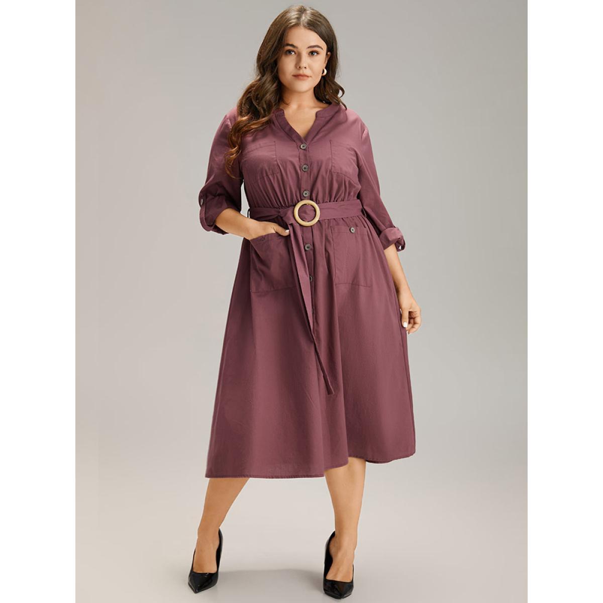 Plus Size Cotton Solid Buckle Detail Pocket Dress Burgundy Women Office Plain Shirt collar Long Sleeve Curvy Midi Dress BloomChic 26/4X Product Image