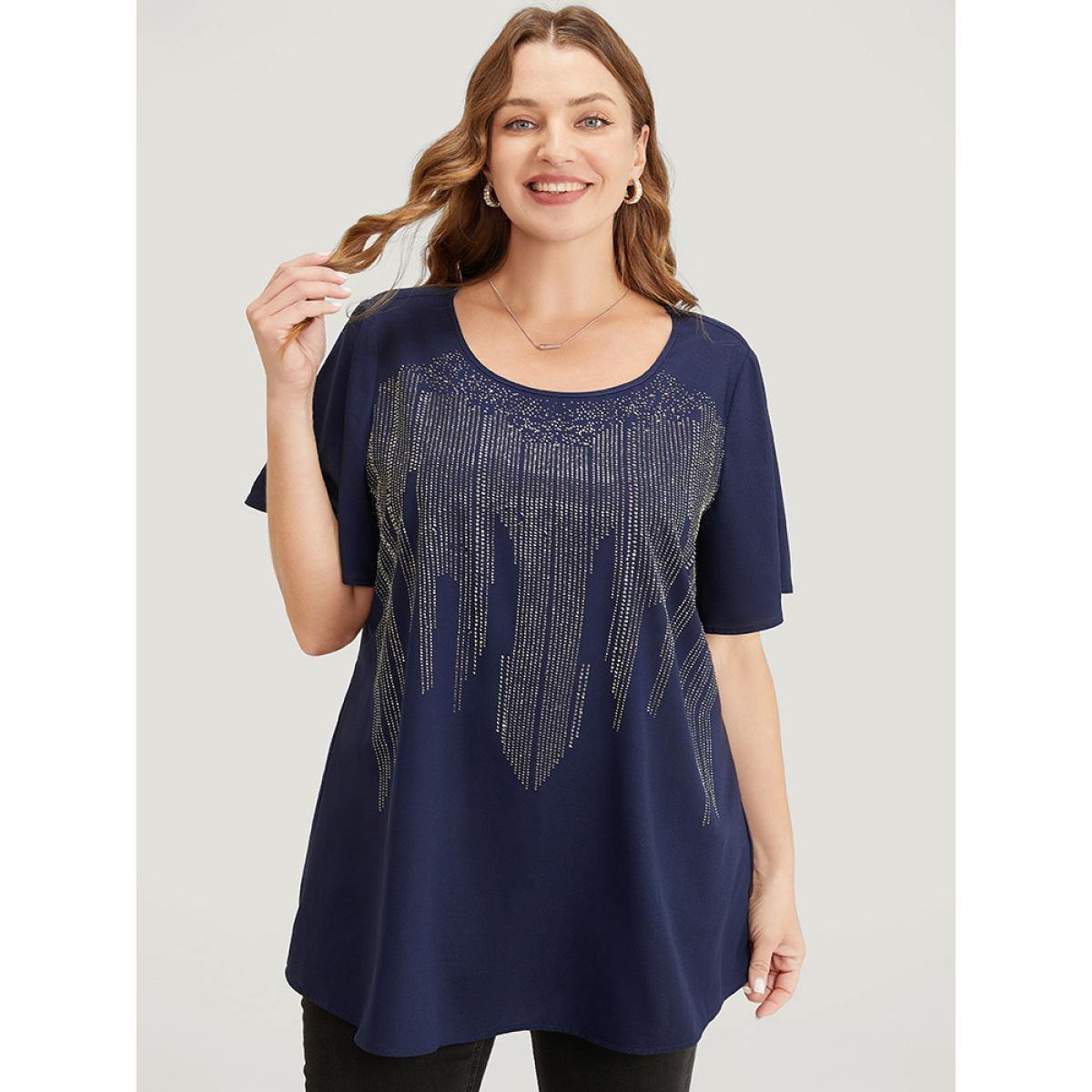 Plus Size Aegean Plain Rhinestones Detail Ruffles Sleeve Blouse Women Party Short sleeve Round Neck Dailywear Blouses BloomChic 18-20/2X Product Image