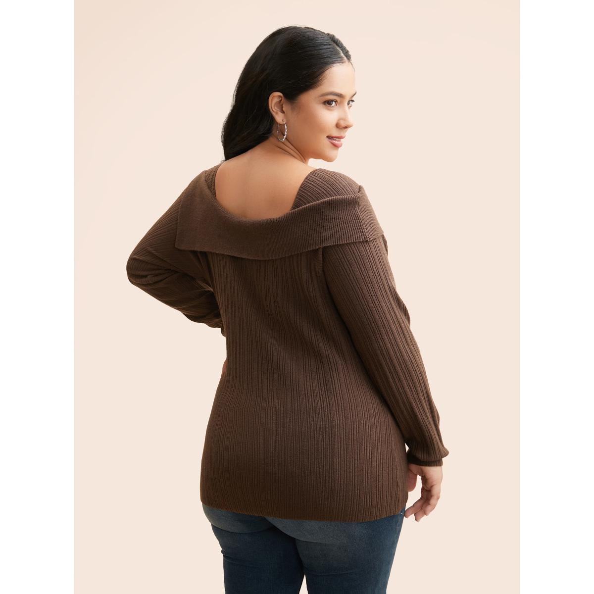 Plus Size Supersoft Essentials Asymmetrical Neck Slim Fit Pullover DarkBrown Women Casual Skinny Long Sleeve Asymmetrical Neck Everyday Pullovers BloomChic 14-16/1X Product Image