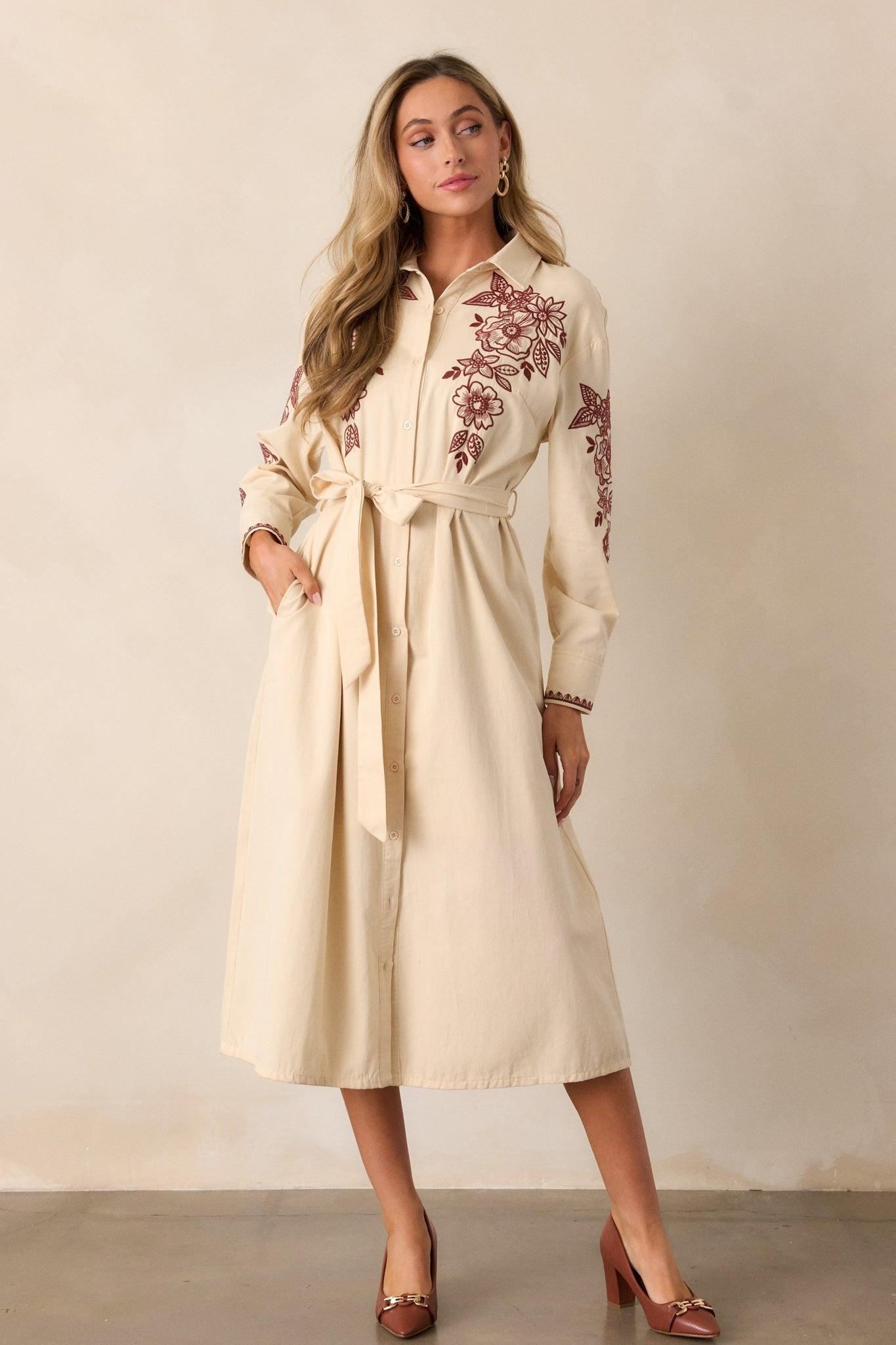 Leaves Of Tomorrow Cotton Oatmeal Long Sleeve Midi Dress Product Image