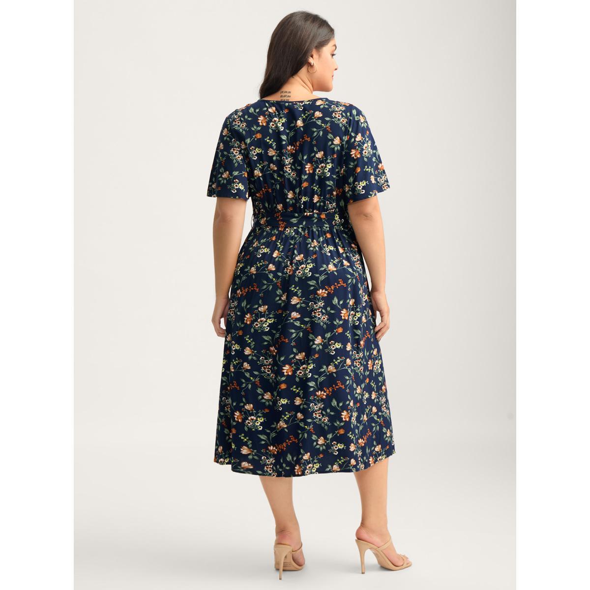 Plus Size Rayon Floral Side-Tie Stretchy Midi Dress Indigo Women Overlap Collar Short sleeve Curvy BloomChic 14-16/1X Product Image
