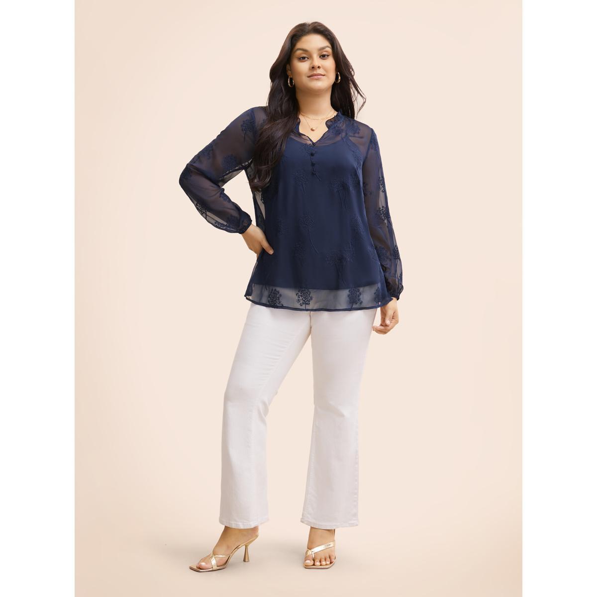 Plus Size Indigo Chiffon Floral Embroidered Mesh Blouse Women Elegant Long Sleeve Notched collar Everyday Blouses BloomChic 26/4X Product Image
