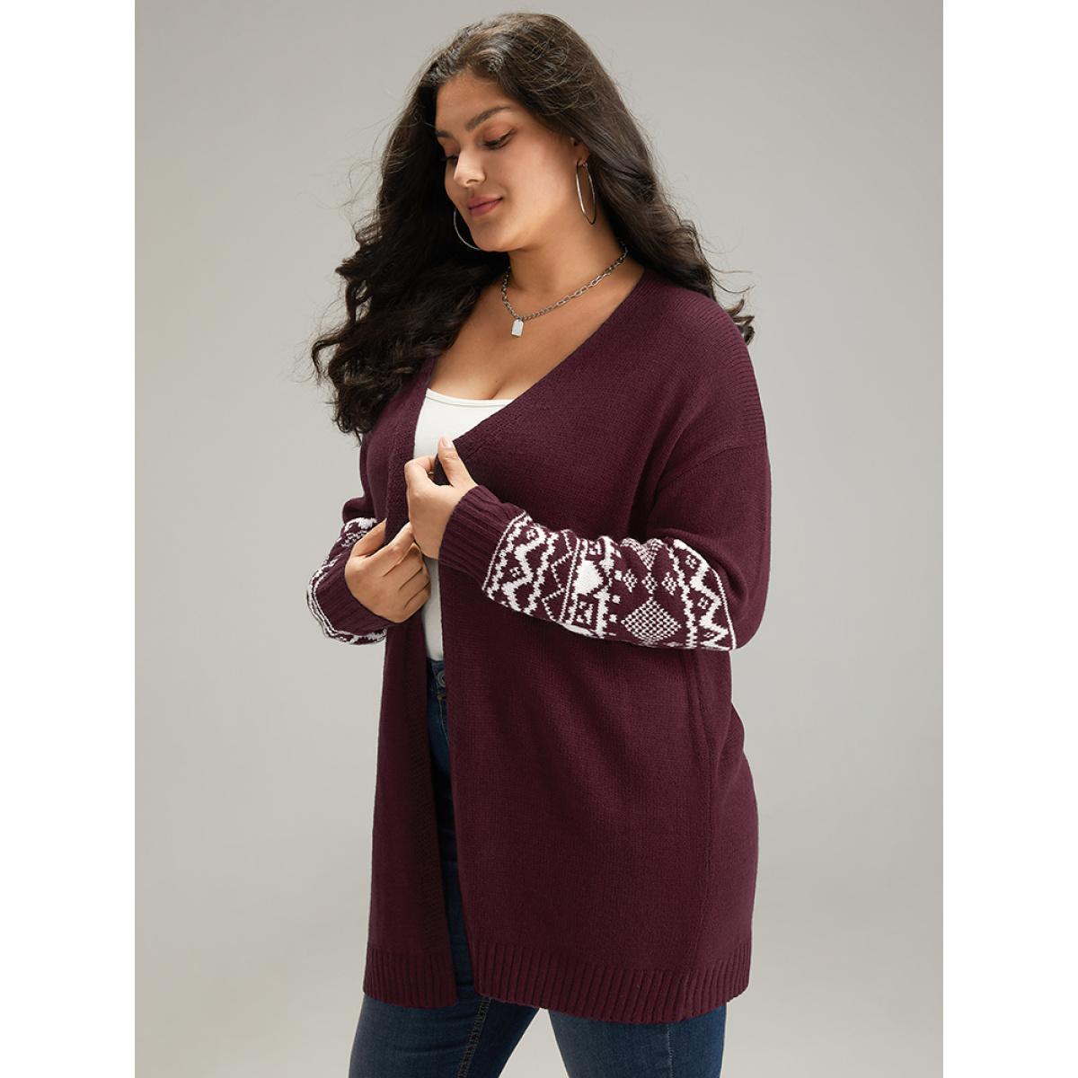Plus Size Geometric Graphic Open Front Tunic Cardigan Purple Women Casual Loose Long Sleeve Dailywear Cardigans BloomChic 12/L Product Image