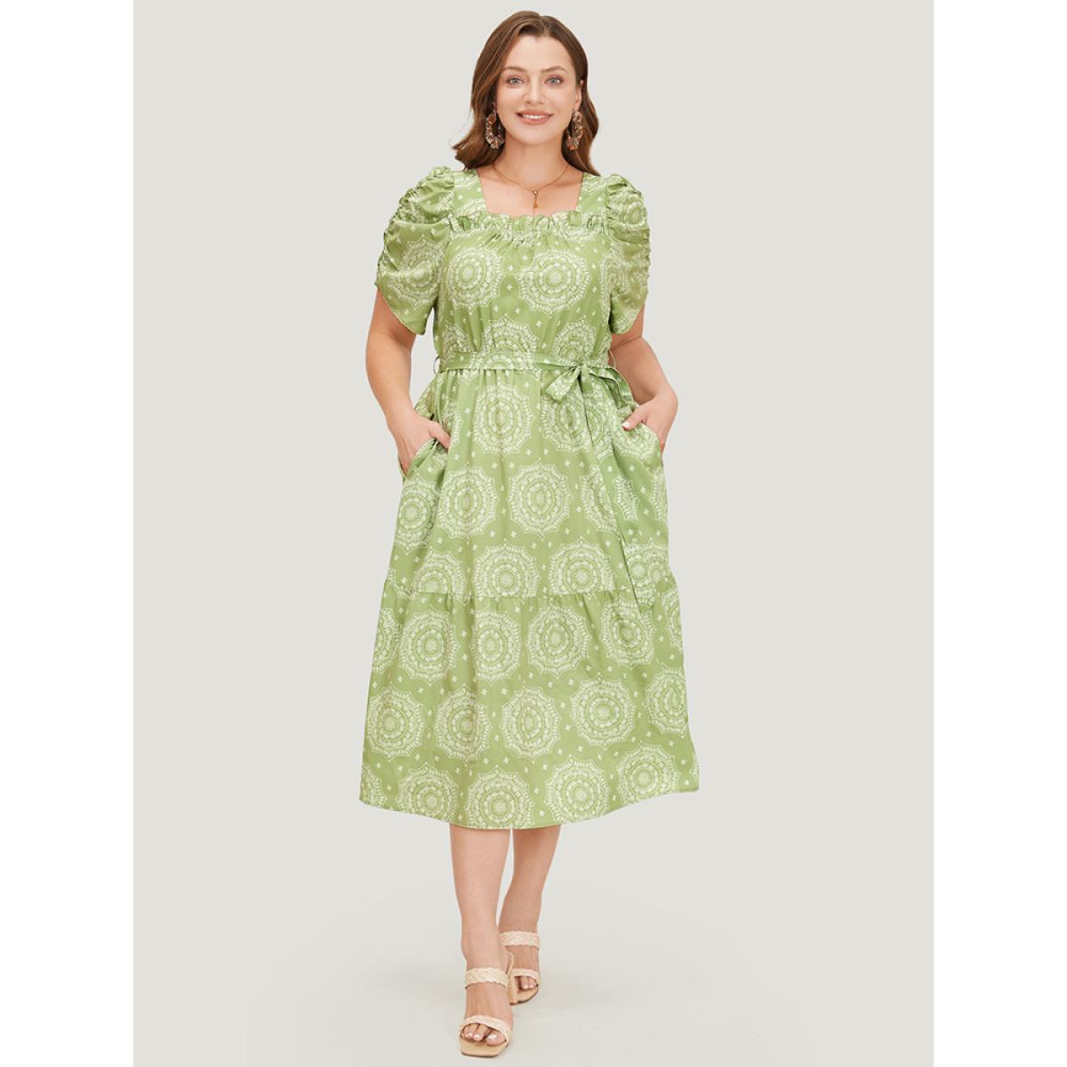 Plus Size Bandana Print Ruched Sleeve Frill Trim Pocket Belt Dress LightGreen Women Vacation Ruched Square Neck Short sleeve Curvy Midi Dress BloomChic 28/5X Product Image