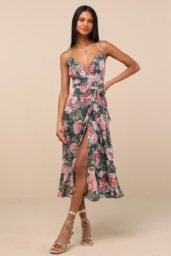 Delightfully Divine Navy Blue Floral Chiffon Wrap Midi Dress Product Image