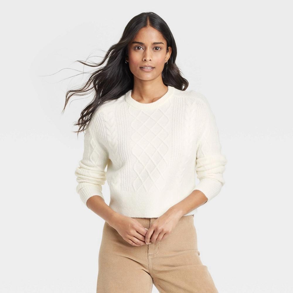 Women's Crewneck Cashmere-Like Cable Pullover Sweater - Universal Thread™ Cream L Product Image