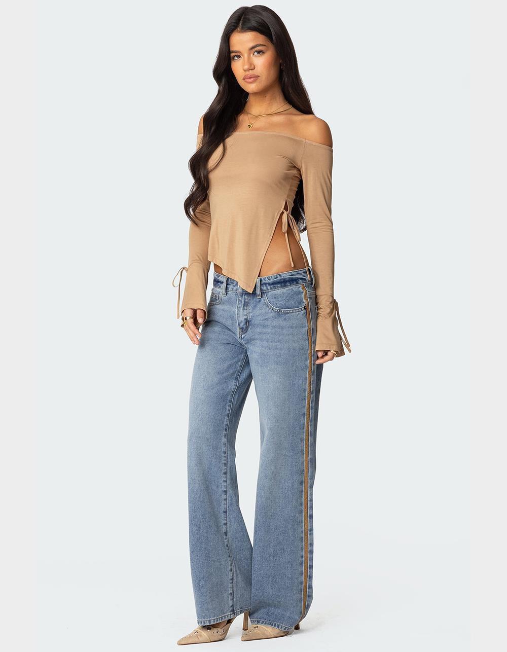 EDIKTED Faux Suede Stripe Low Rise Jeans Product Image