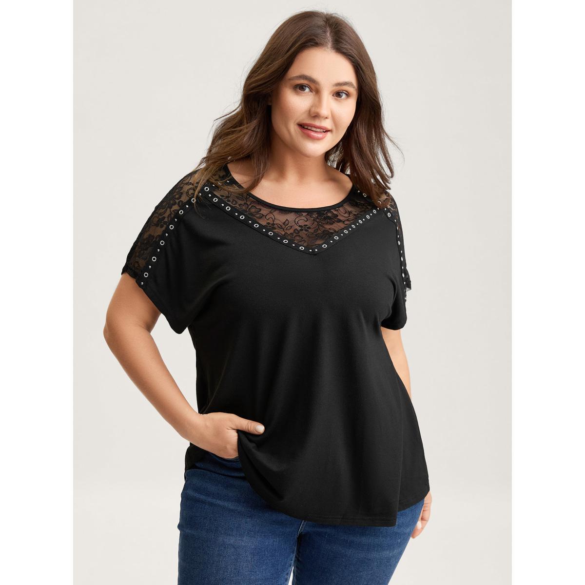 Plus Size Lace Trim Sheer Solid T-Shirt Black Women Round Neck Everyday-Casual T-shirts BloomChic 18-20/2X Product Image