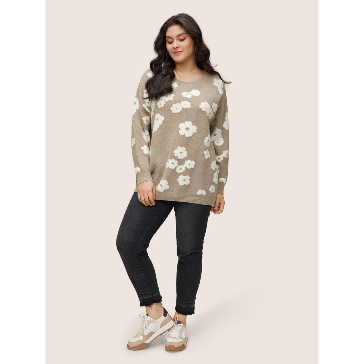 Plus Size Supersoft Essentials Floral Jacquard Pullover LightBrown Women Casual Loose Long Sleeve Round Neck Dailywear Pullovers BloomChic 10/M Product Image