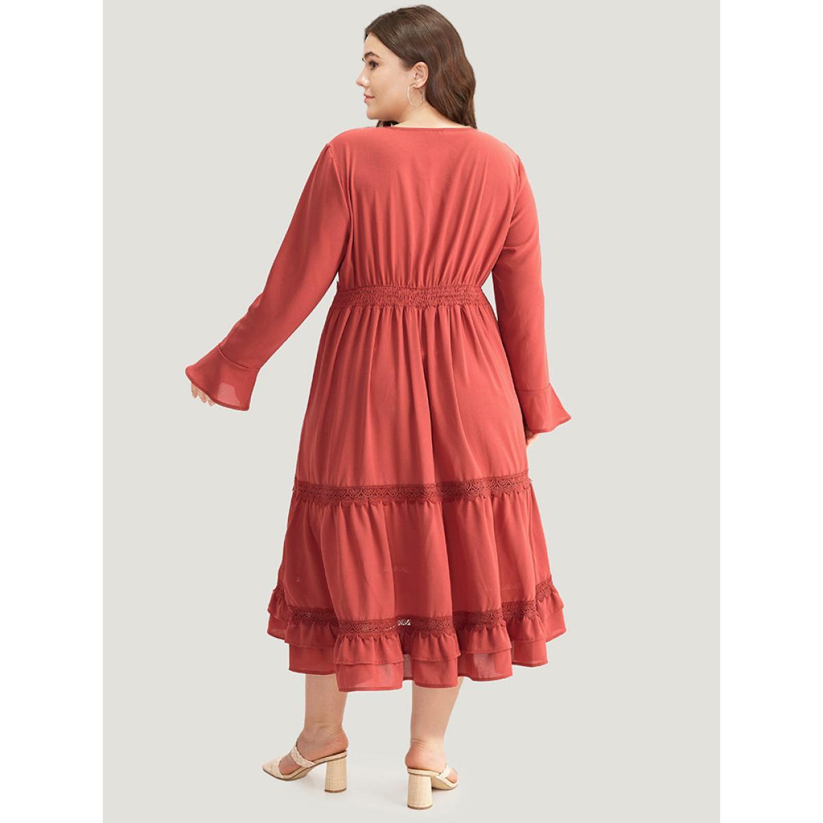 Plus Size Contrast Lace Bell Sleeve Layered Hem Dress Crimson Women Elegant Plain V-neck Long Sleeve Curvy Midi Dress BloomChic 26/4X Product Image