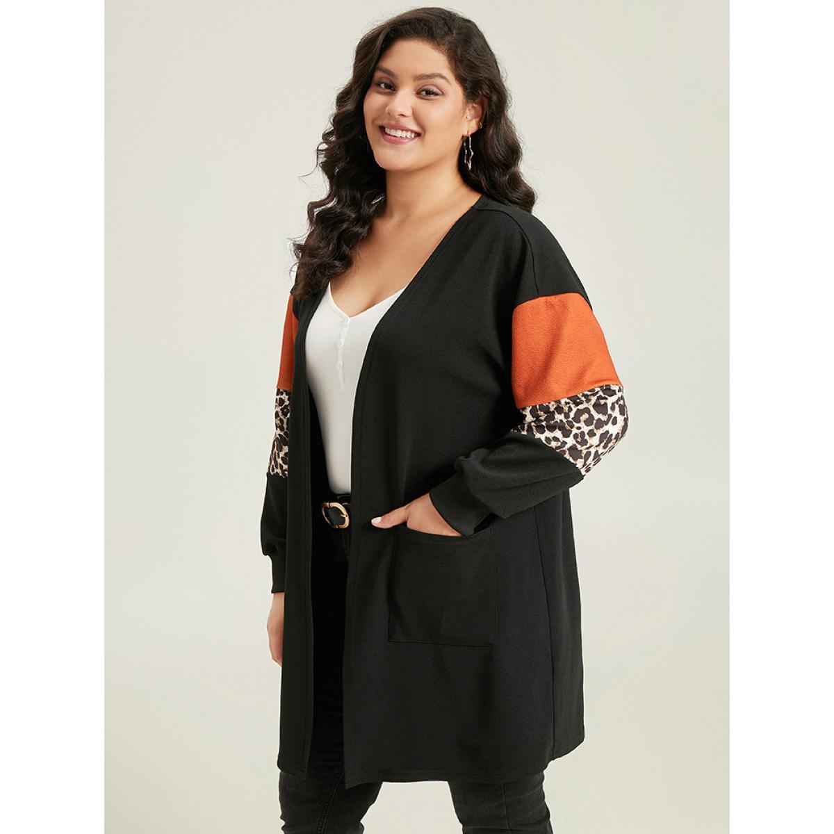 Plus Size Halloween Leopard Patchwork Rib Knit Patched Pocket Kimono Women Multicolor Casual Elastic cuffs Pocket Dailywear Kimonos BloomChic 10/M Product Image