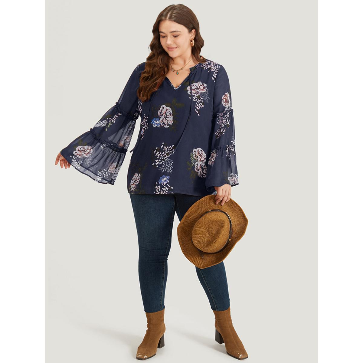 Plus Size Indigo Floral Print Knot Neck Frill Trim Mesh Bell Sleeve Blouse Women Vacation Long Sleeve Tie Neck Dailywear Blouses BloomChic 18-20/2X Product Image