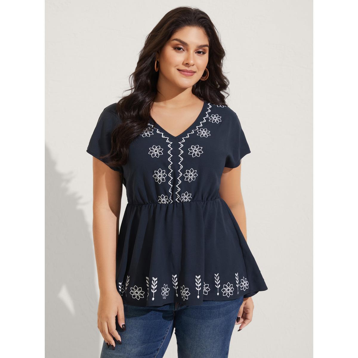Plus Size Indigo Boho Embroidery Babydoll Top Women Short sleeve V-neck Vacation Blouses BloomChic 14-16/1X Product Image