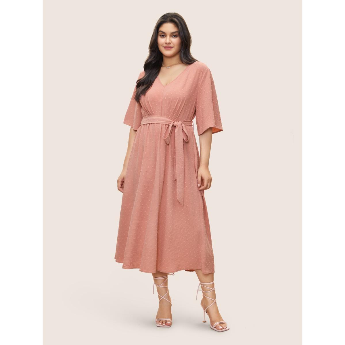 Plus Size Solid Texture Belted Ruffle Sleeve Dress Rouge Women Elegant Non V-neck Half Sleeve Curvy Midi Dress BloomChic 30/6X Product Image