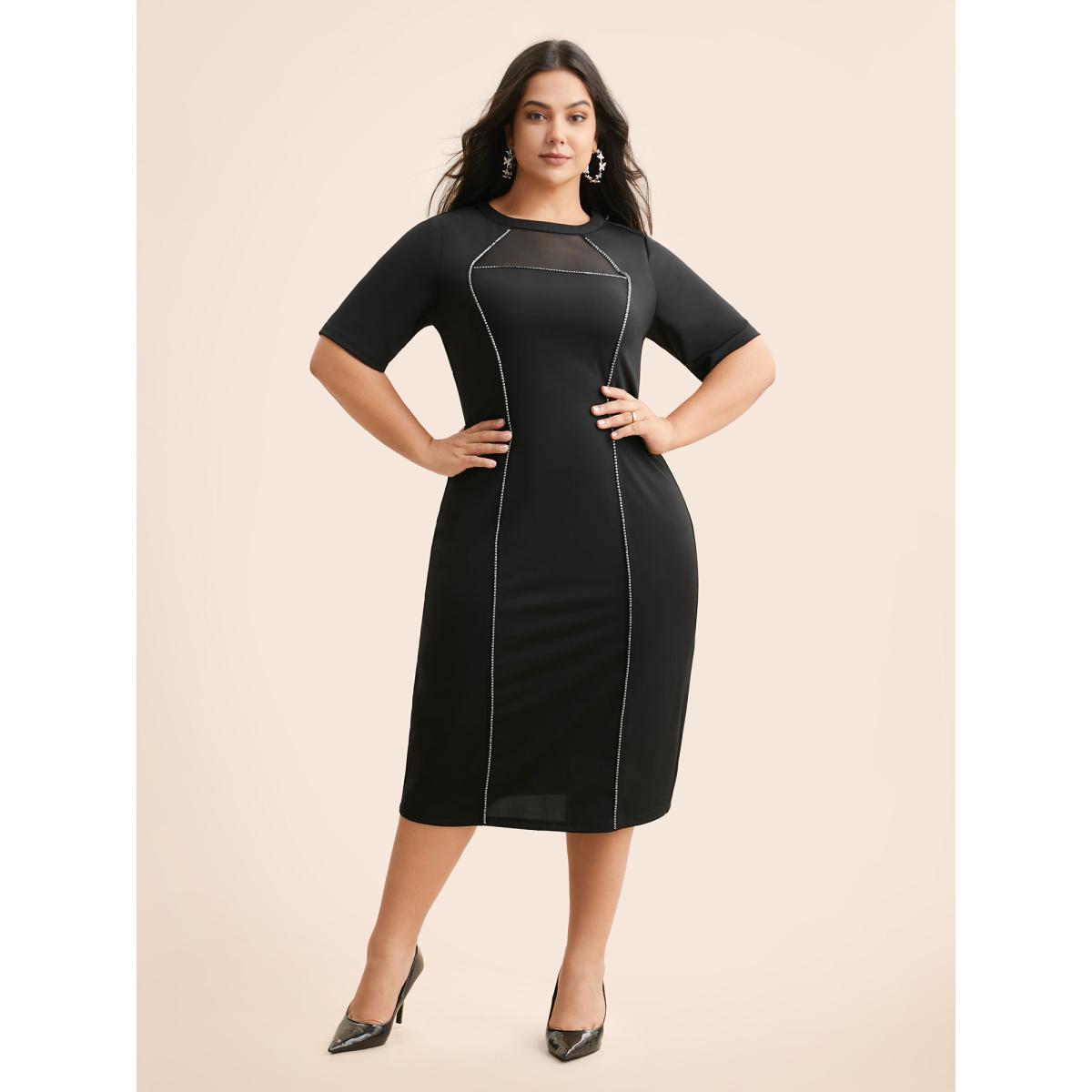 Plus Size Crew Neck Rhinestone Patchwork Mesh Dress Black Women Cocktail Rhinestone detailing Party Curvy Bloomchic 28/5X Product Image