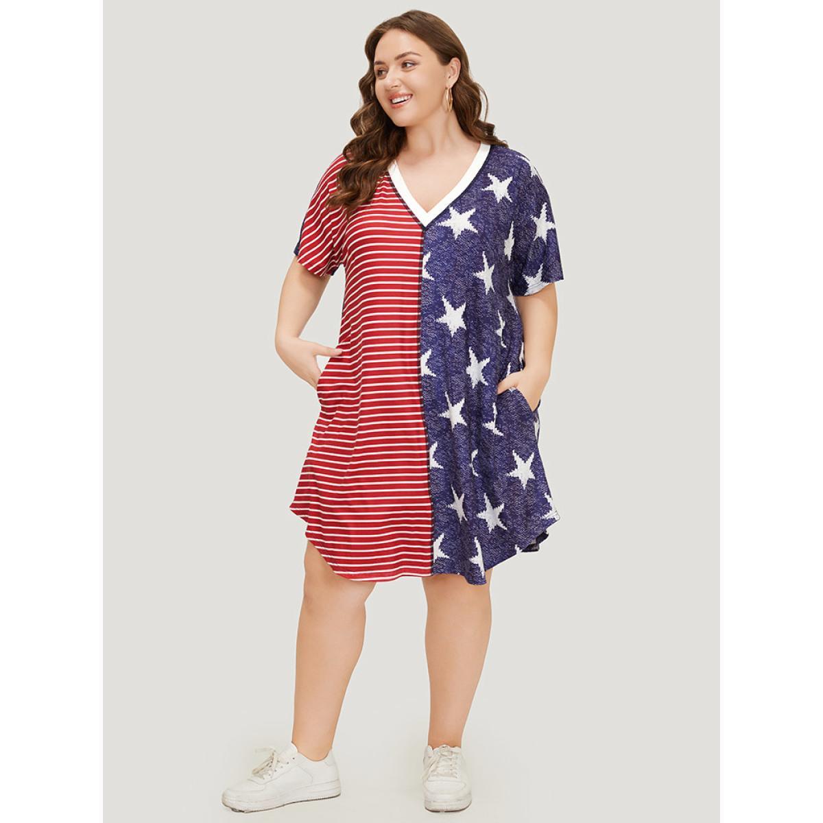 Plus Size Star & Striped Patchwork Curved Hem Pocket Dress Multicolor Women Casual Arc Hem V-neck Short sleeve Curvy Knee Dress BloomChic 30/6X Product Image