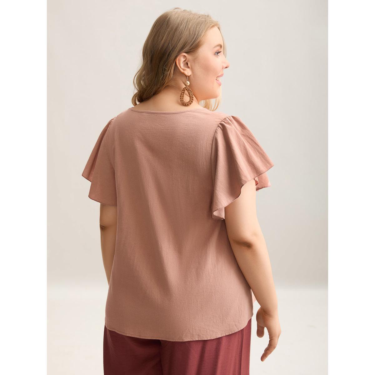 Plus Size Crepe Pure Cotton Flutter Sleeve V-Neck Blouse Women Resort Short sleeve V-neck Vacation Blouses BloomChic 30/6X Product Image