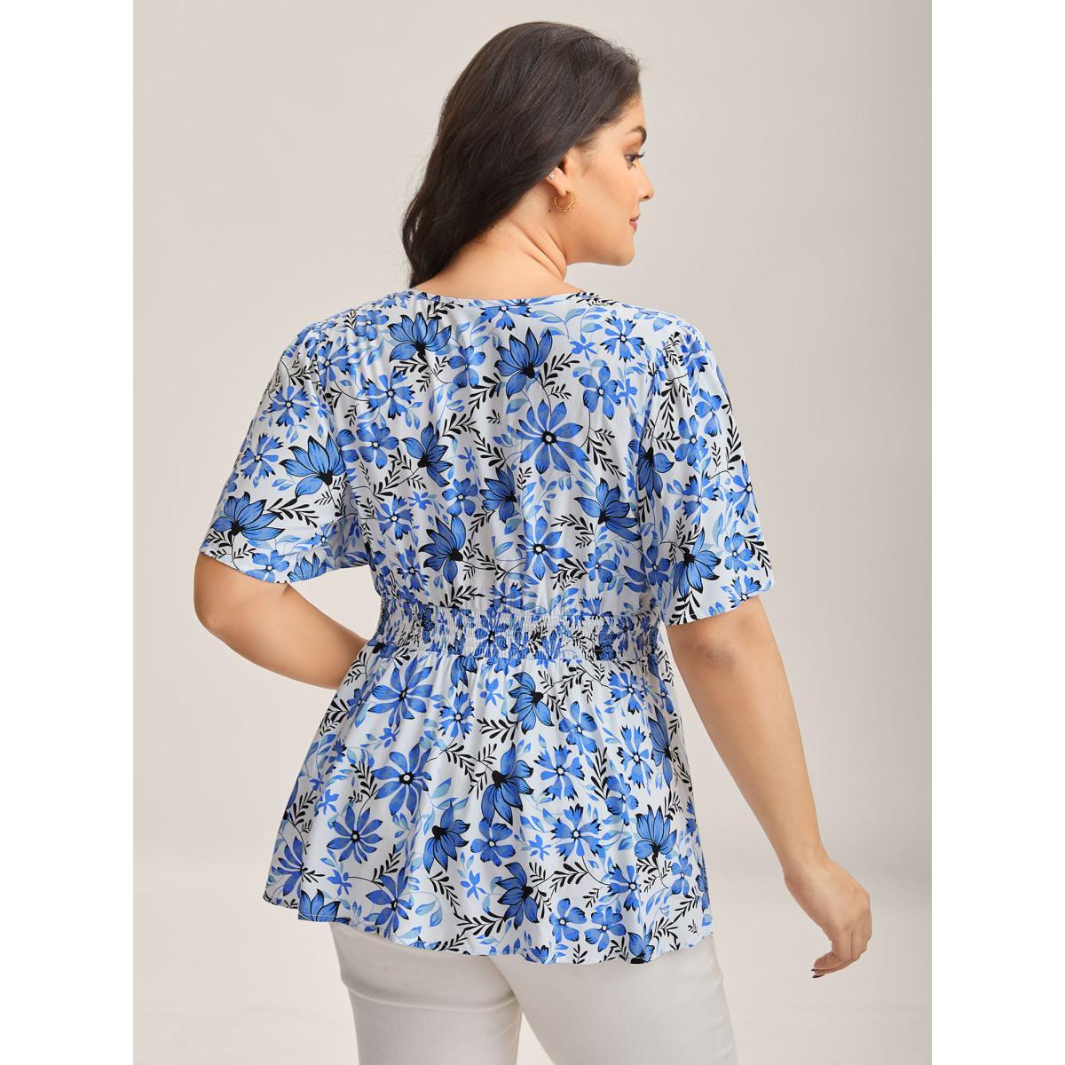 Plus Size Skyblue Floral Notched Collar Shirred Waist Blouse Women Short sleeve Flat collar Everyday-Elegant Blouses BloomChic 22-24/3X Product Image