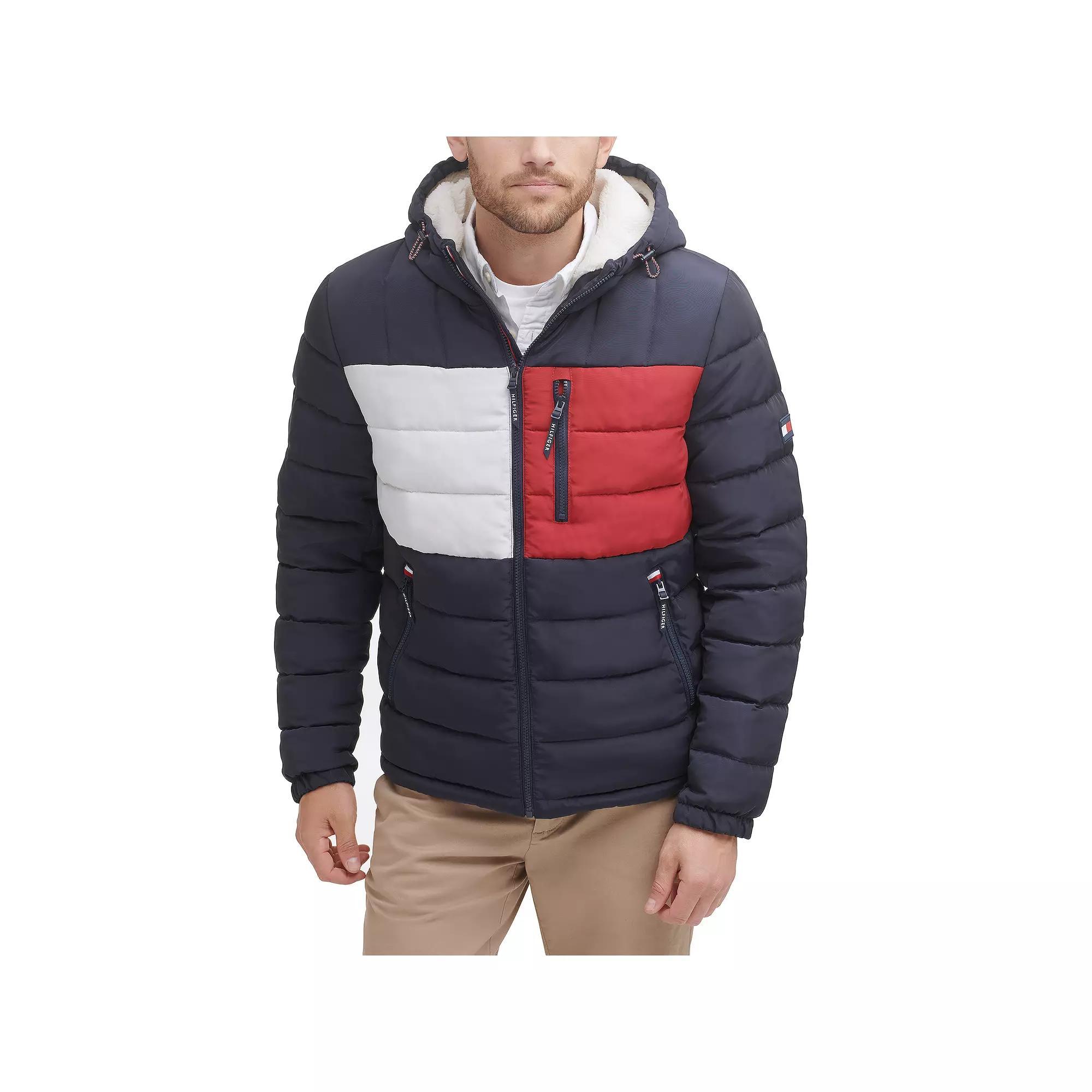 Men's Tommy Hilfiger Hooded Puffer Jacket with Sherpa Lined Hood, Size: Medium, Blue Colorblock Product Image
