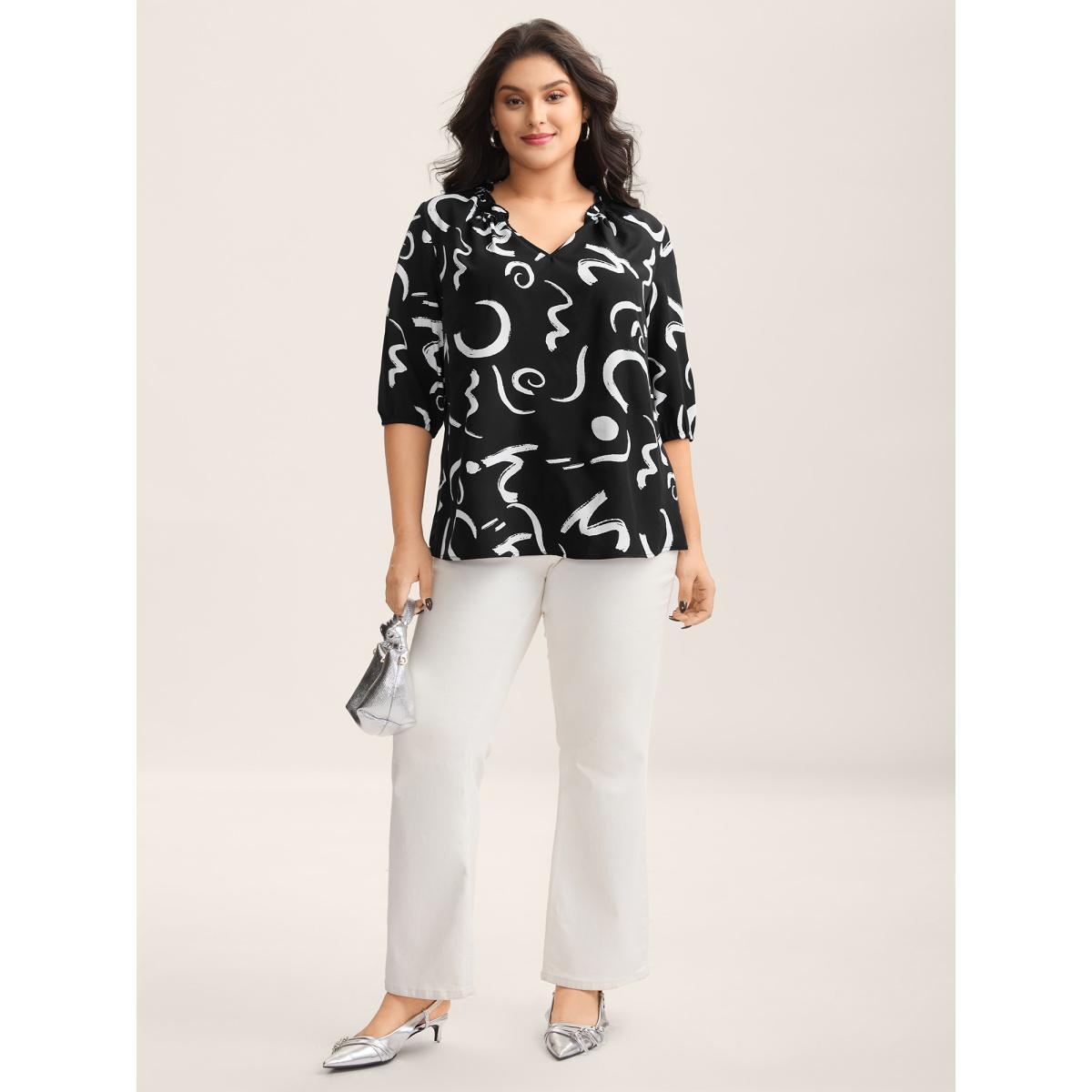 Plus Size Black Scribble Print Ruffled Split Neck Blouse Women Elbow-length sleeve Notched collar Work Blouses BloomChic 18-20/2X Product Image